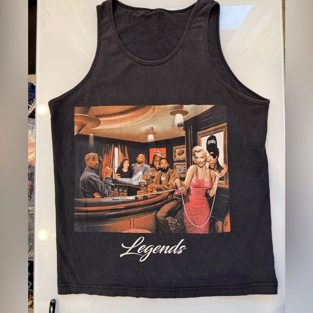 Black 'Legends' Graphic Tank Top with Vintage Bar Scene